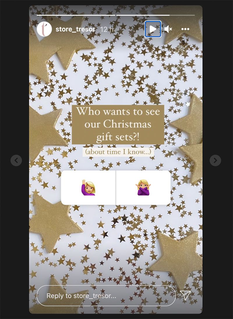 An Instagram Story post of a white background covered in gold stars, and a Poll asking 'Who wants to see our Christmas gift sets?! (about time I know...)'