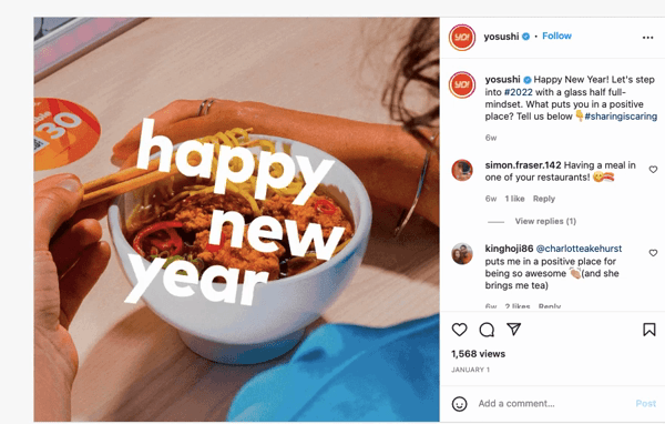 Screenshot of Yosushi's Instagram Post using a GIF that says 'happy new year'