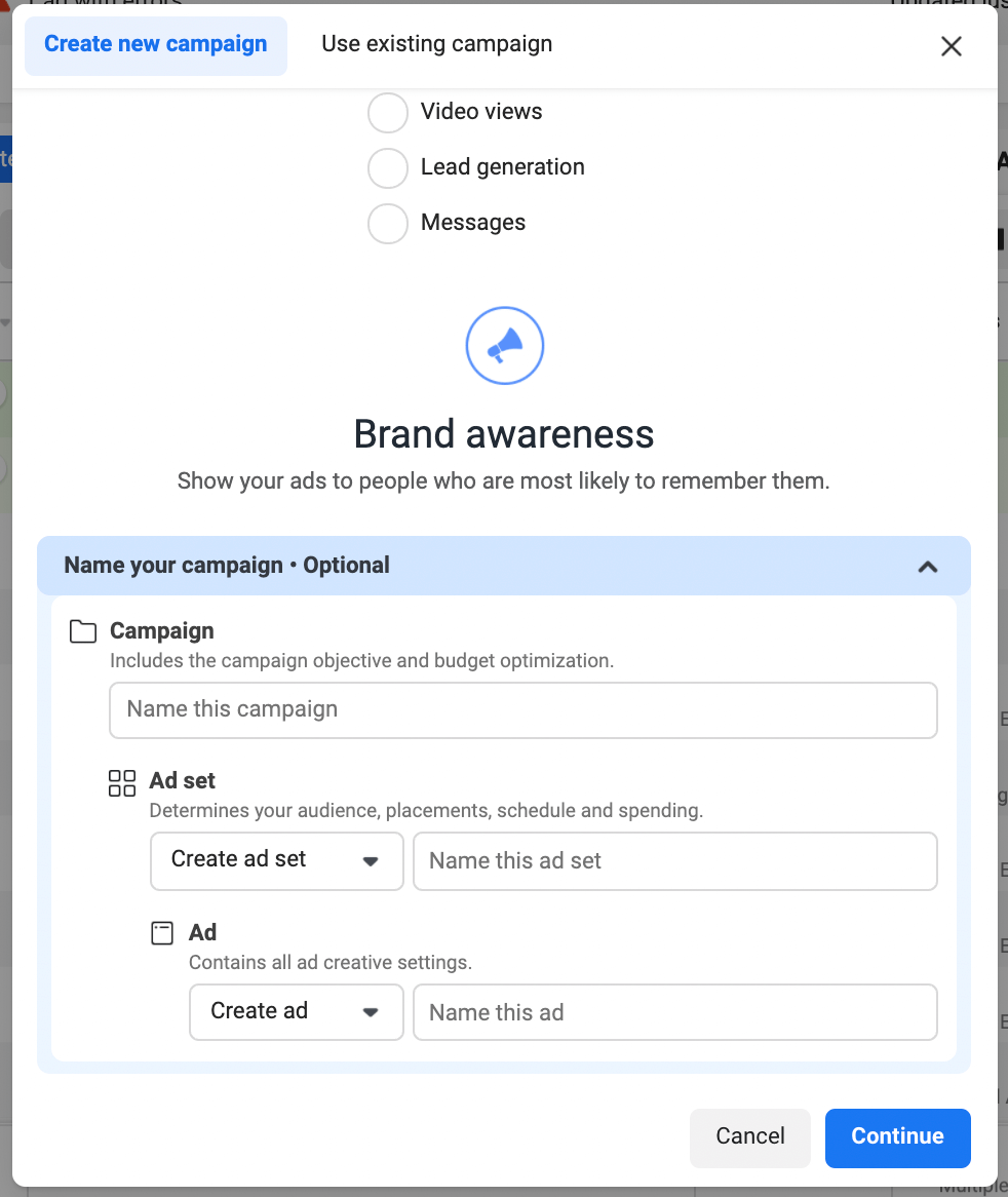 'Name your campaign' screen on FB Ads Manager