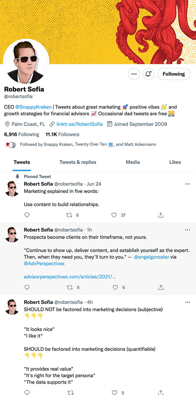 The Twitter account of Robert Sofia, CEO of Snappy Kraken.