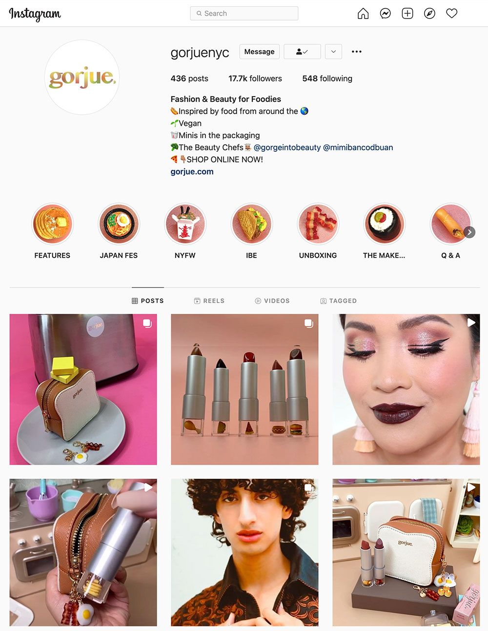 The Instagram account of Gorjue, displaying their lipstick based on food. Images have tubes of lipstick with a makeup bag shaped like toast with egg and bacon keychains.