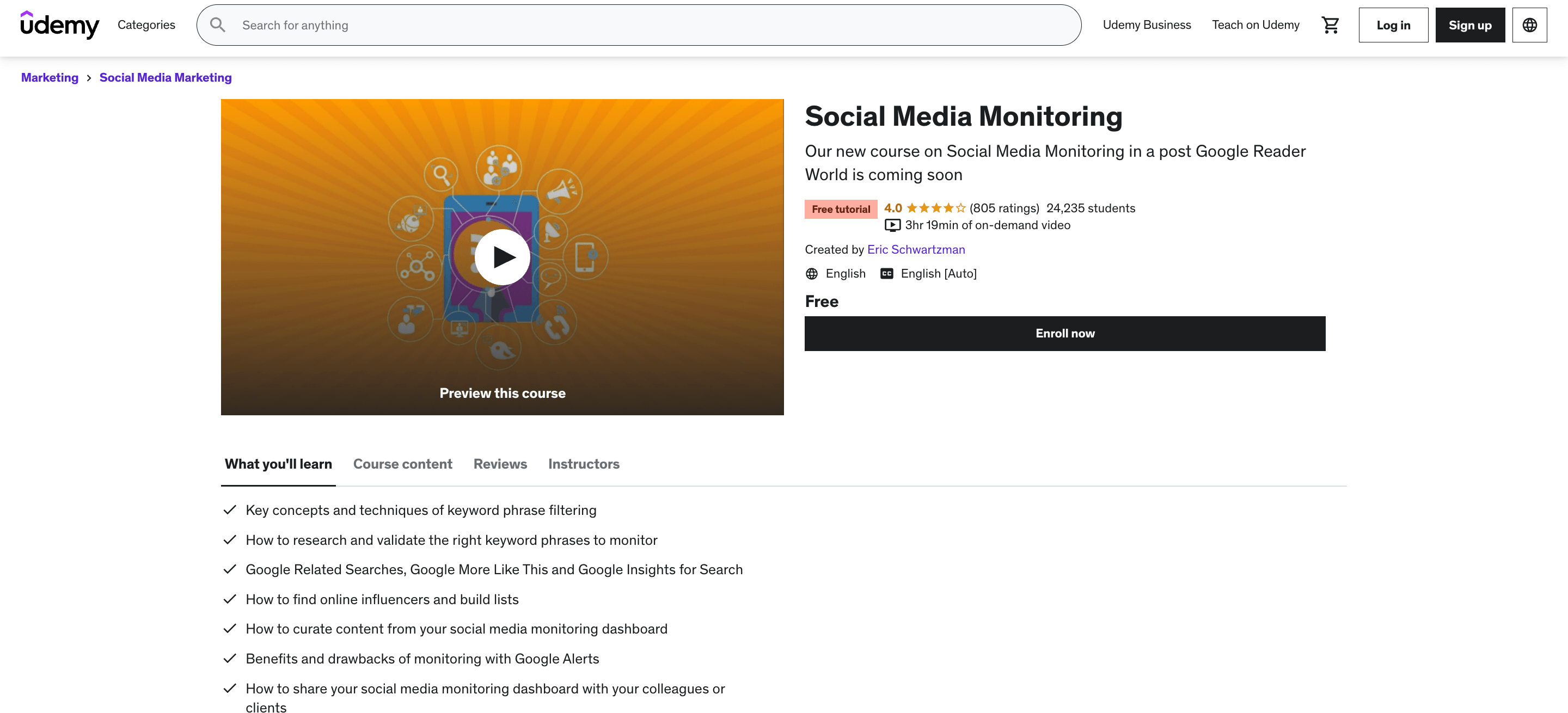 Homepage of Udemy's Social Media Monitoring Class
