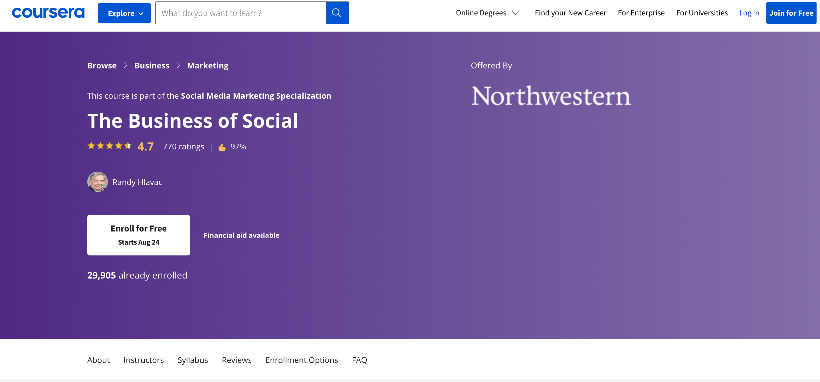 Homepage of Northwester University's Marketing Class