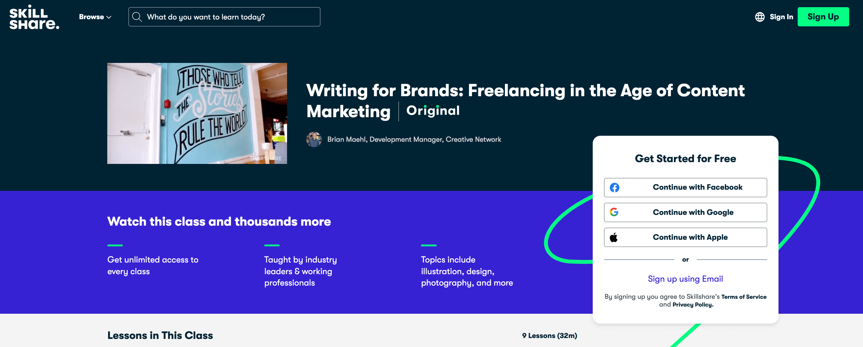 Homepage of Skillshare's Freelancing Class