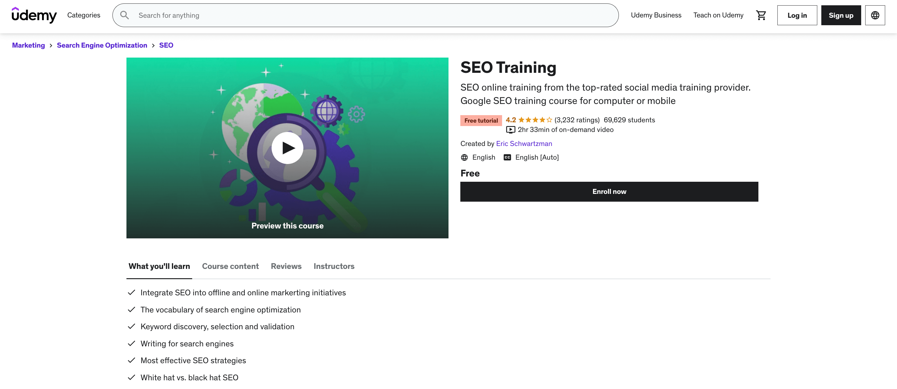 Homepage of Udemy's SEO Class