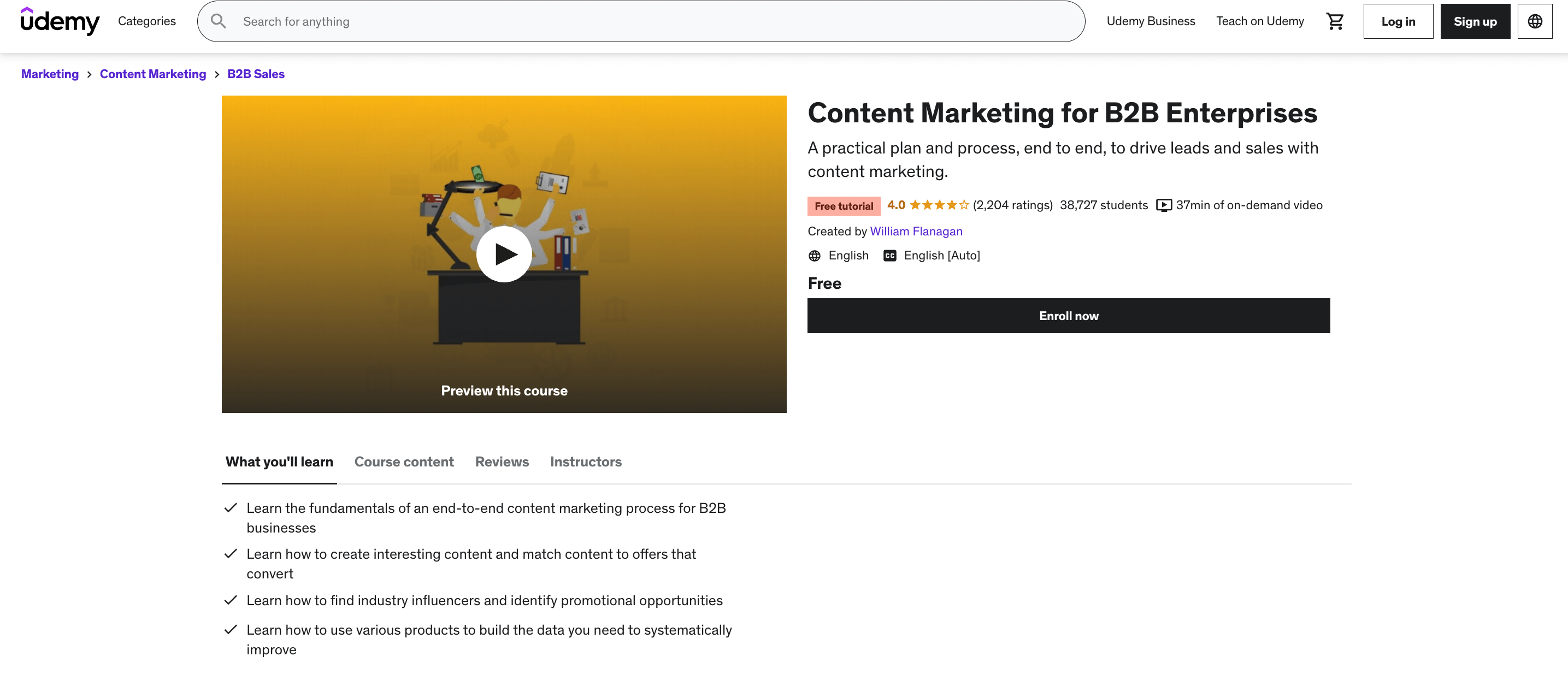 Homepage of Udemy's Content Marketing Class