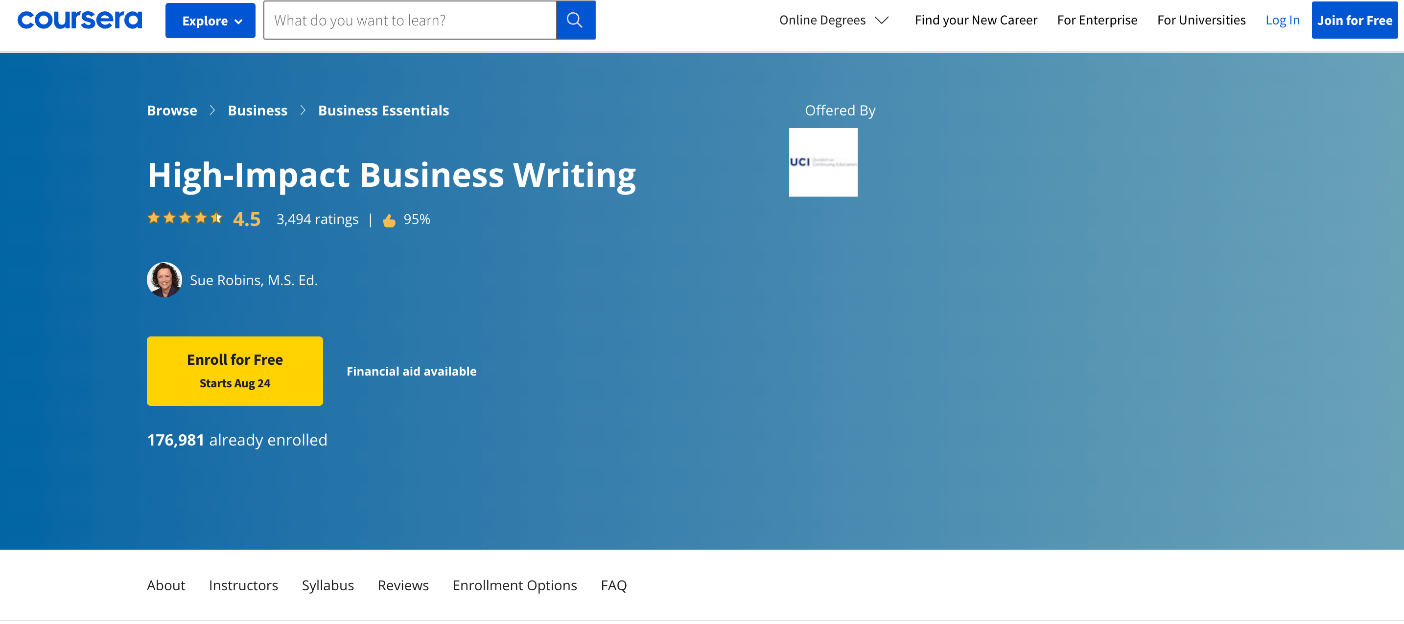 Homepage of Coursera's High-Impact Business Writing Class
