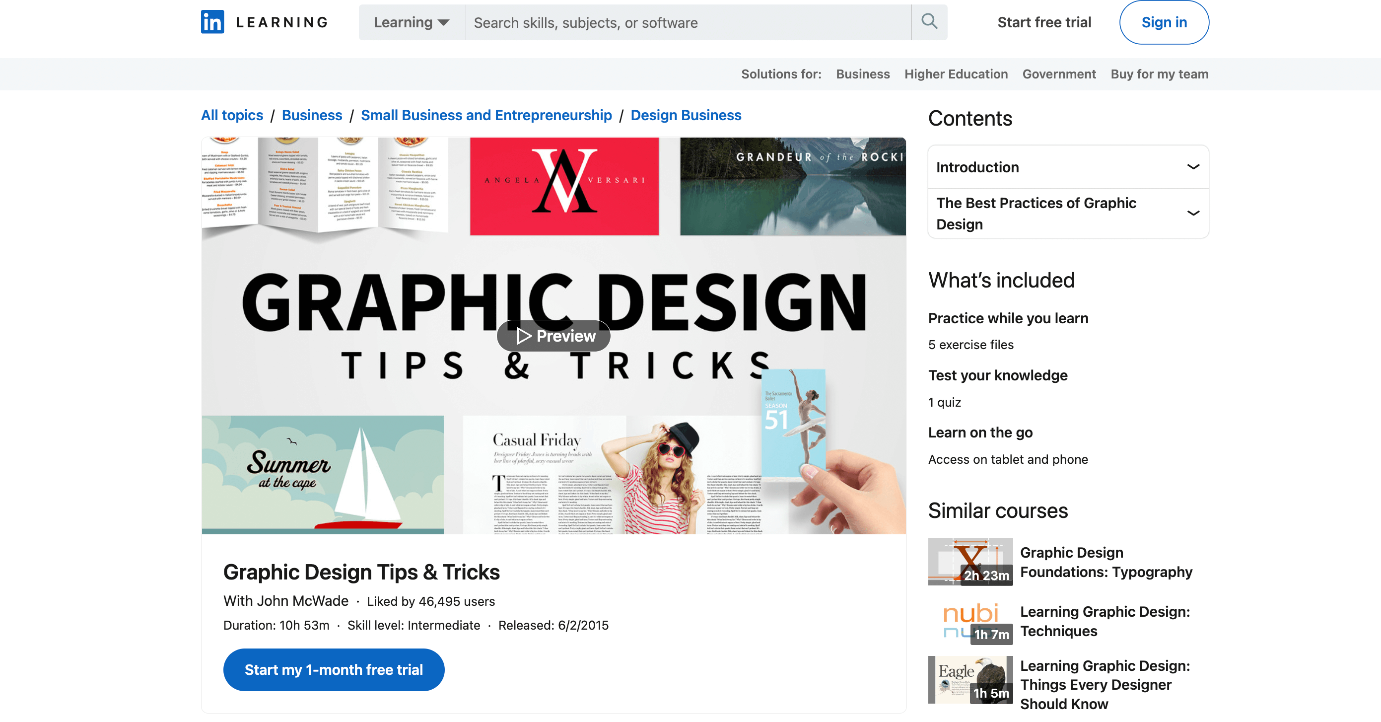 Homepage of LinkedIn's Graphic Design Class