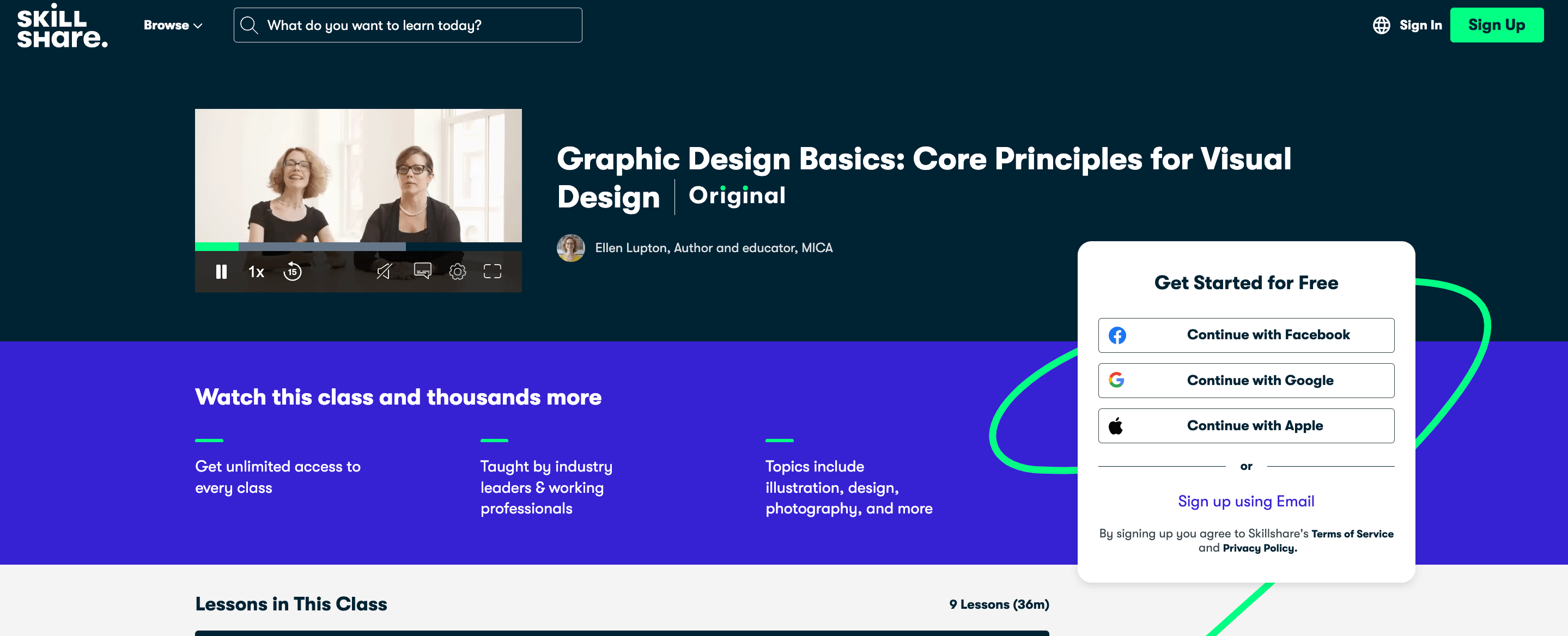Homepage of Skillshare's Graphic Design Class