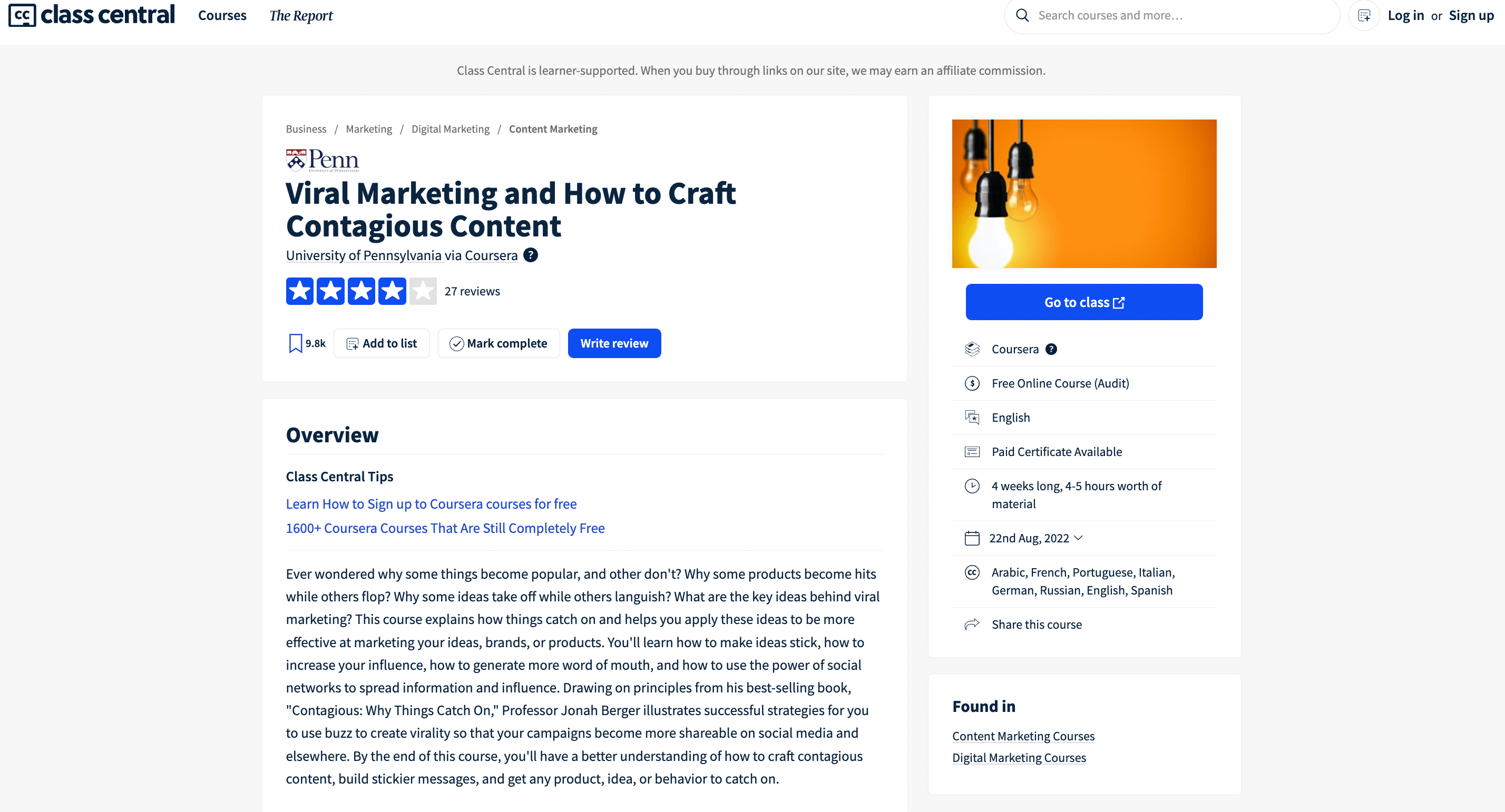 Screenshot of Viral Marketing Class Homepage
