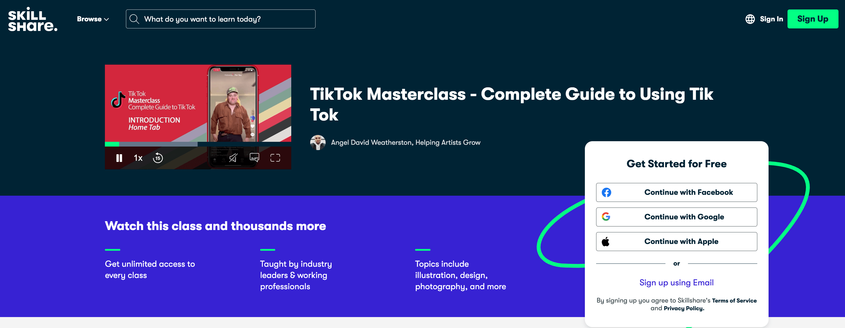 Homepage of Skillshare's TikTok Masterclass