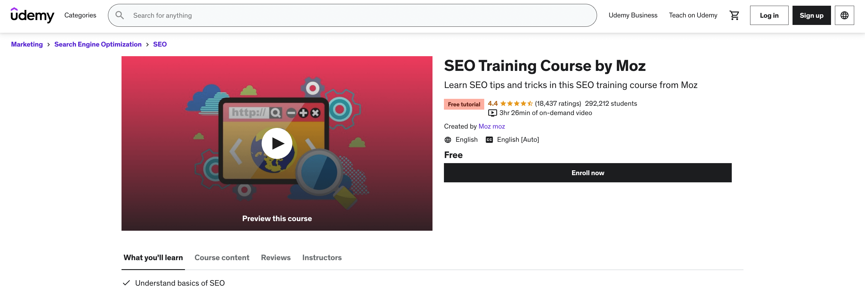 Homepage of Udemy's SEO Training Course