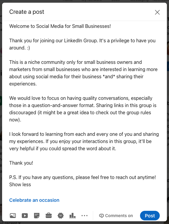 LinkedIn Group Welcome Post
