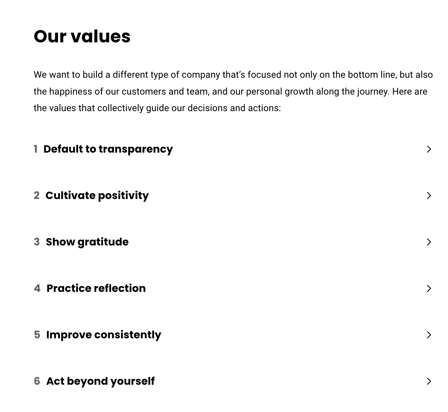 screenshot of our about page that includes a section of our company values