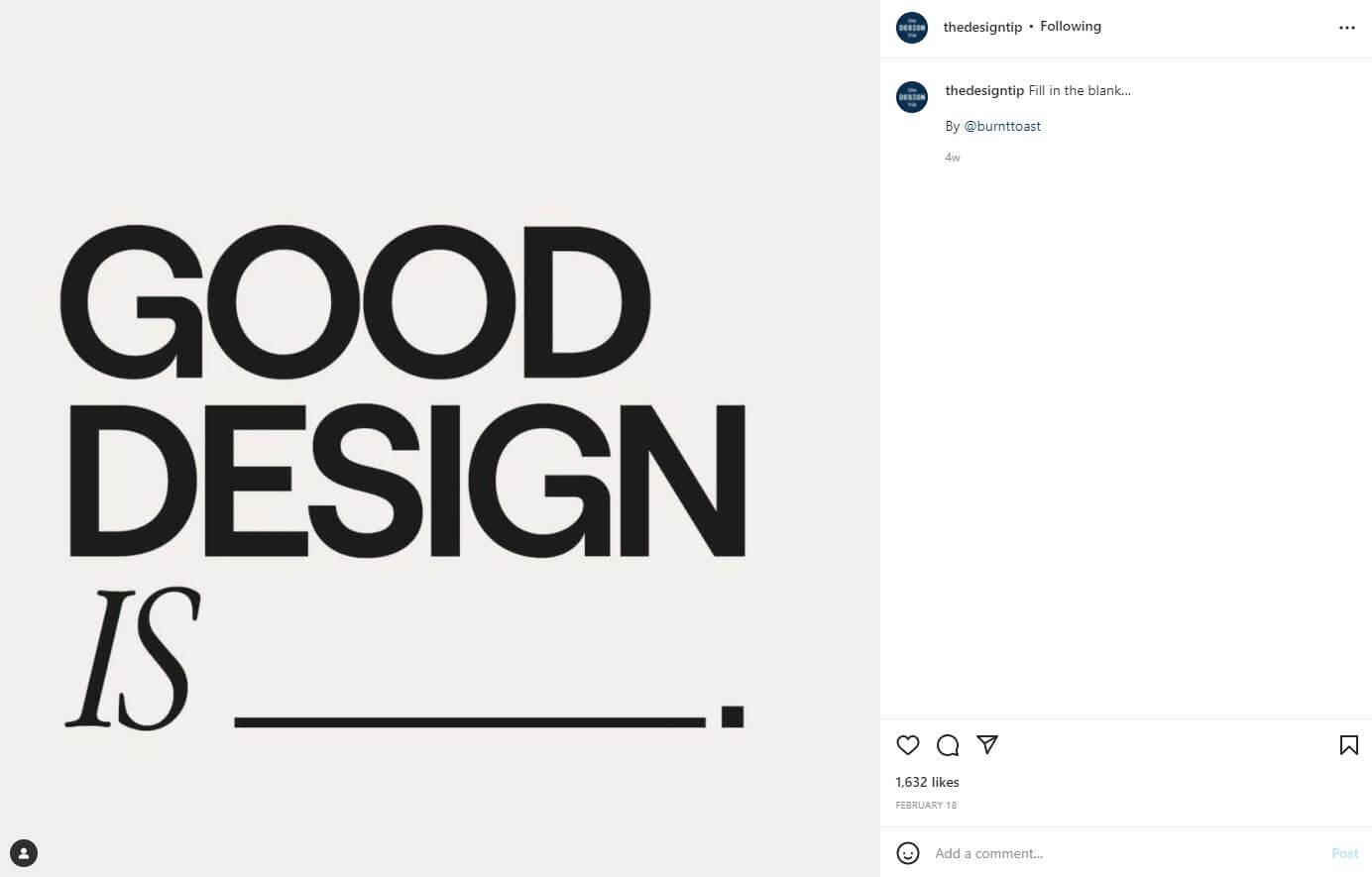 An Instagram graphic with the phrase, " Good Design Is___"