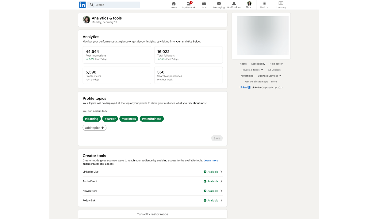 Screenshot of LinkedIn creator mode analytics and tools