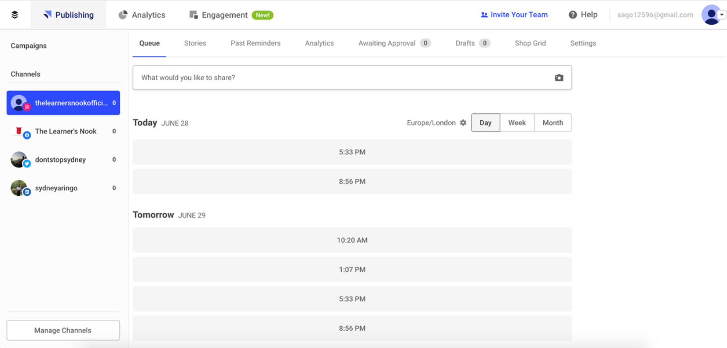 Buffer's scheduling dashboard, displaying social channels in a list on the lefthand menu and a Queue of empty slots. 