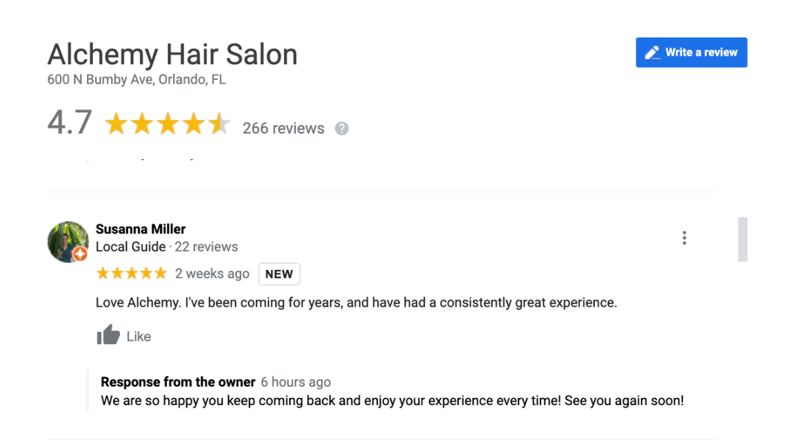 A screenshot of a positive Google Review rating 4.7 stars by Susanna Miller. 