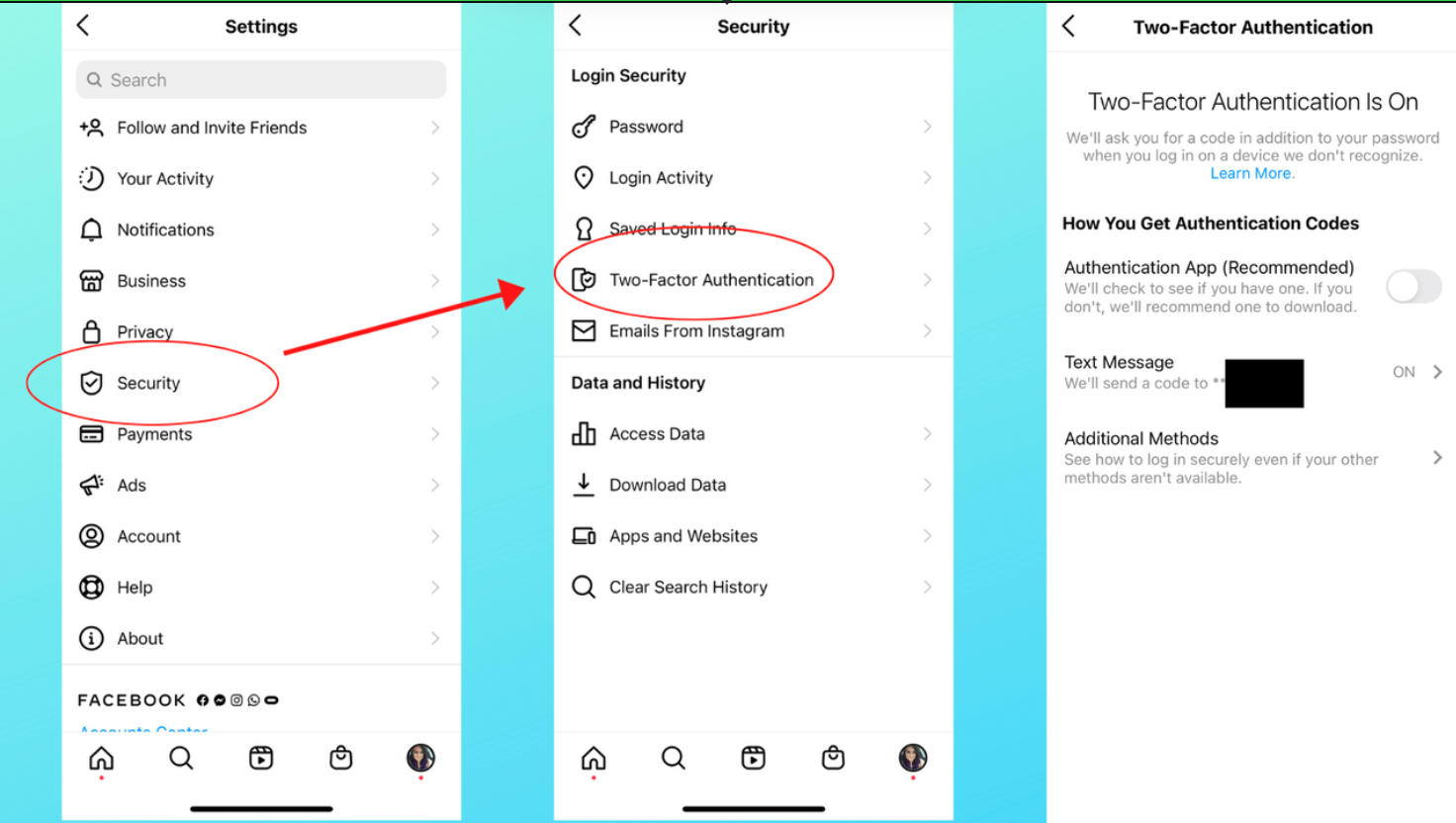 Screenshots of the Instagram app. To set up two-Factor Authentication on Instagram, go to Security > Two-Factor Authentication