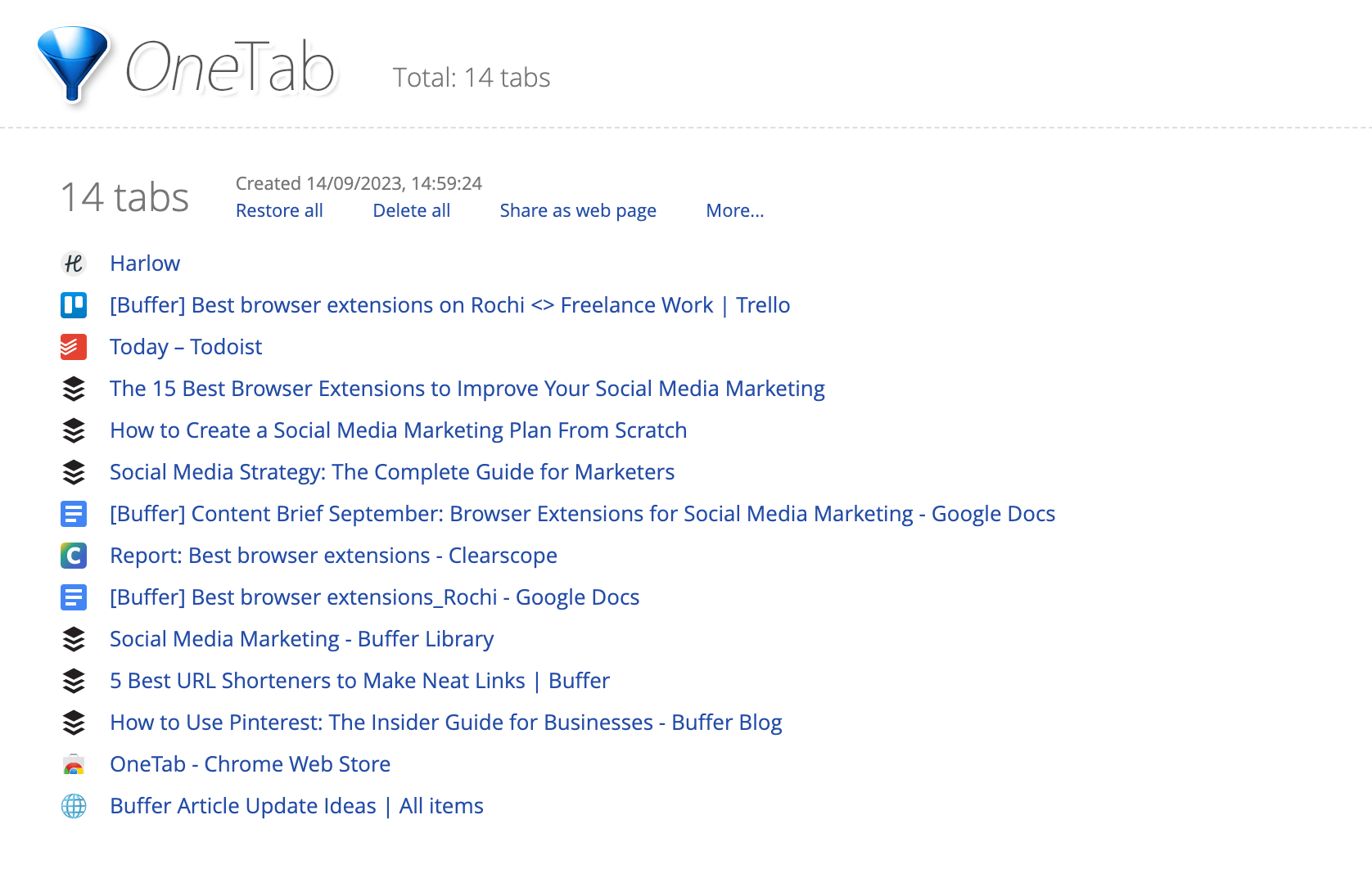 OneTab Chrome Extension to Share a List of Links 