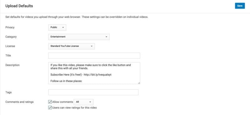 YouTube Upload Defaults