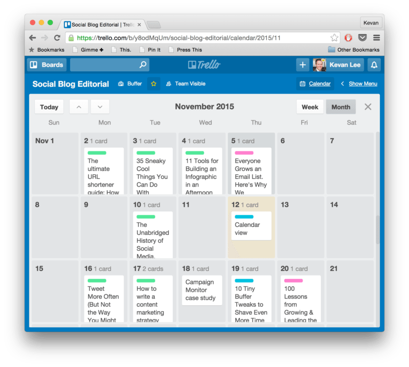 Editorial calendar in Trello