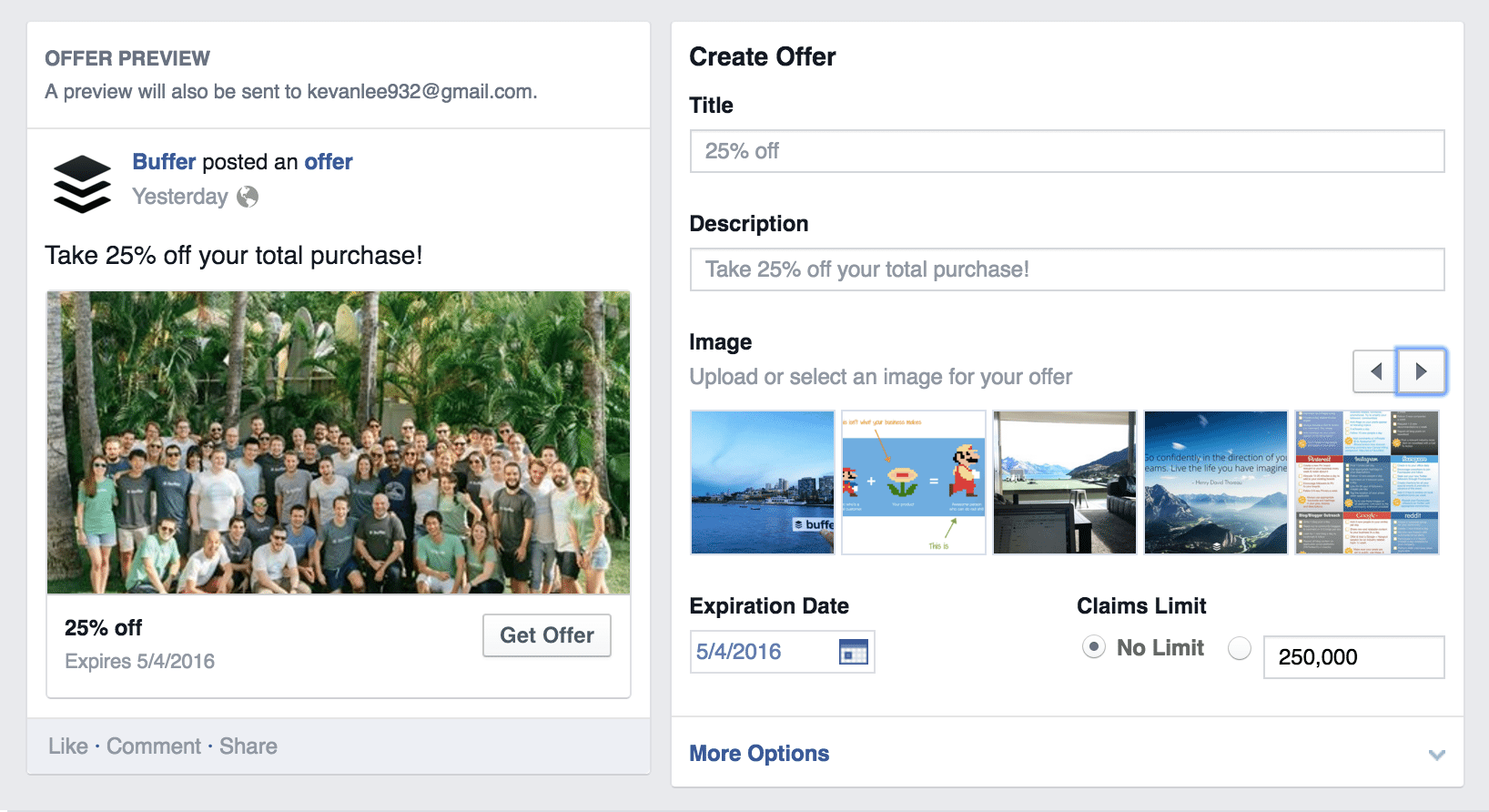 create offer facebook settings