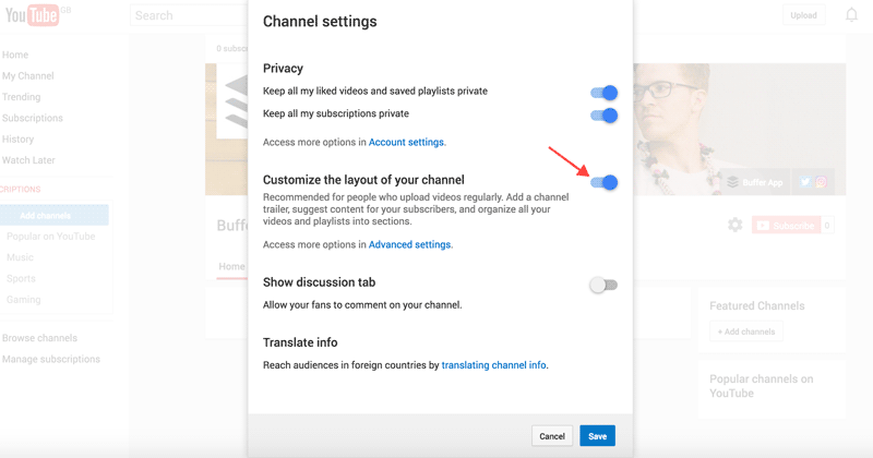 channel-optionsAtive a opção "Personalizar o layout de seu canal".
