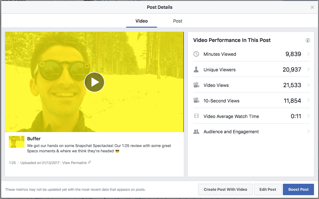 Facebook video metrics example