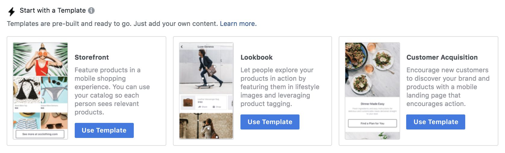 Facebook Instant Experience templates