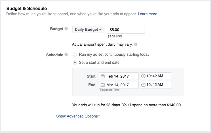 Facebook ads manager budget and schedule settings