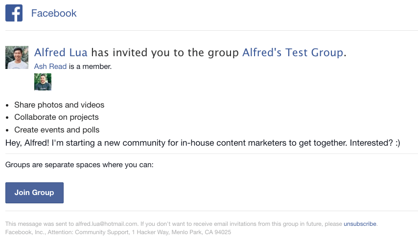 Facebook group invite
