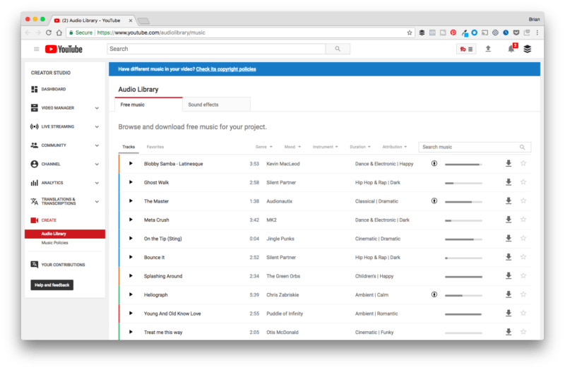 YouTube Audio Library Page Preview