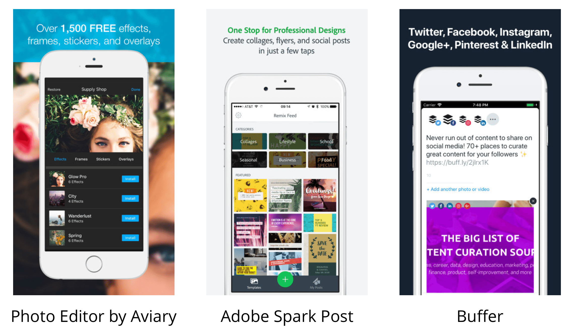 Instagram tools: Photo Editor by Aviary, Adobe Spark Post, and Buffer