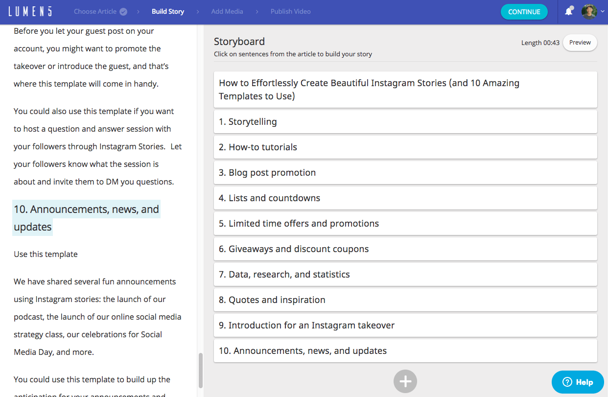 Lumen5: Choose subheadings