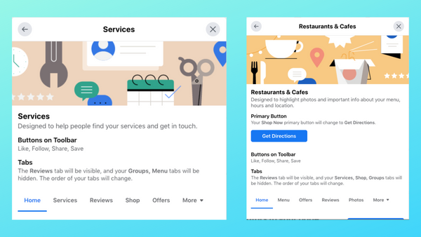Beispiele für Vorlagen für Facebook-Geschäftsseiten: Dienstleistungen und Restaurants & Cafés. 