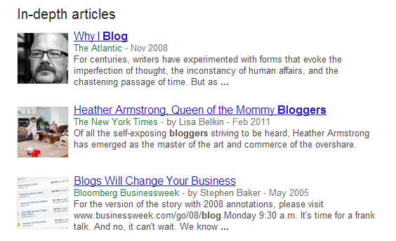 Google's in-depth articles listings