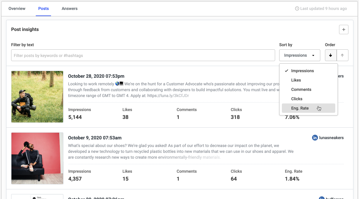 Sorting posts in Buffer analytics