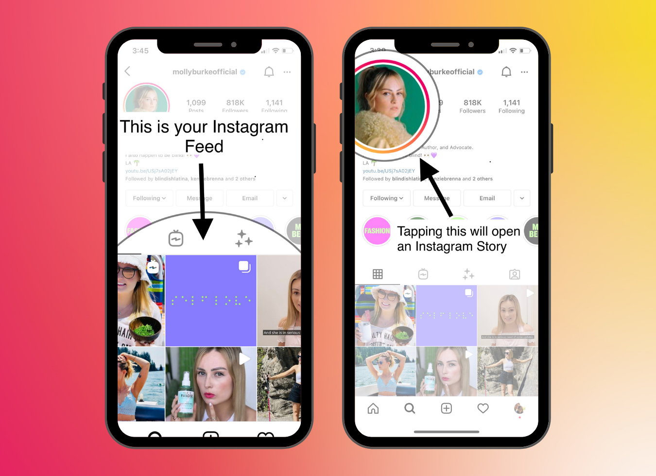 The Instagram feed is the grid of images that you see when viewing a user's profile. In the top left corner of a Profile is a the user's profile image. Clicking this opens an Instagram Story.