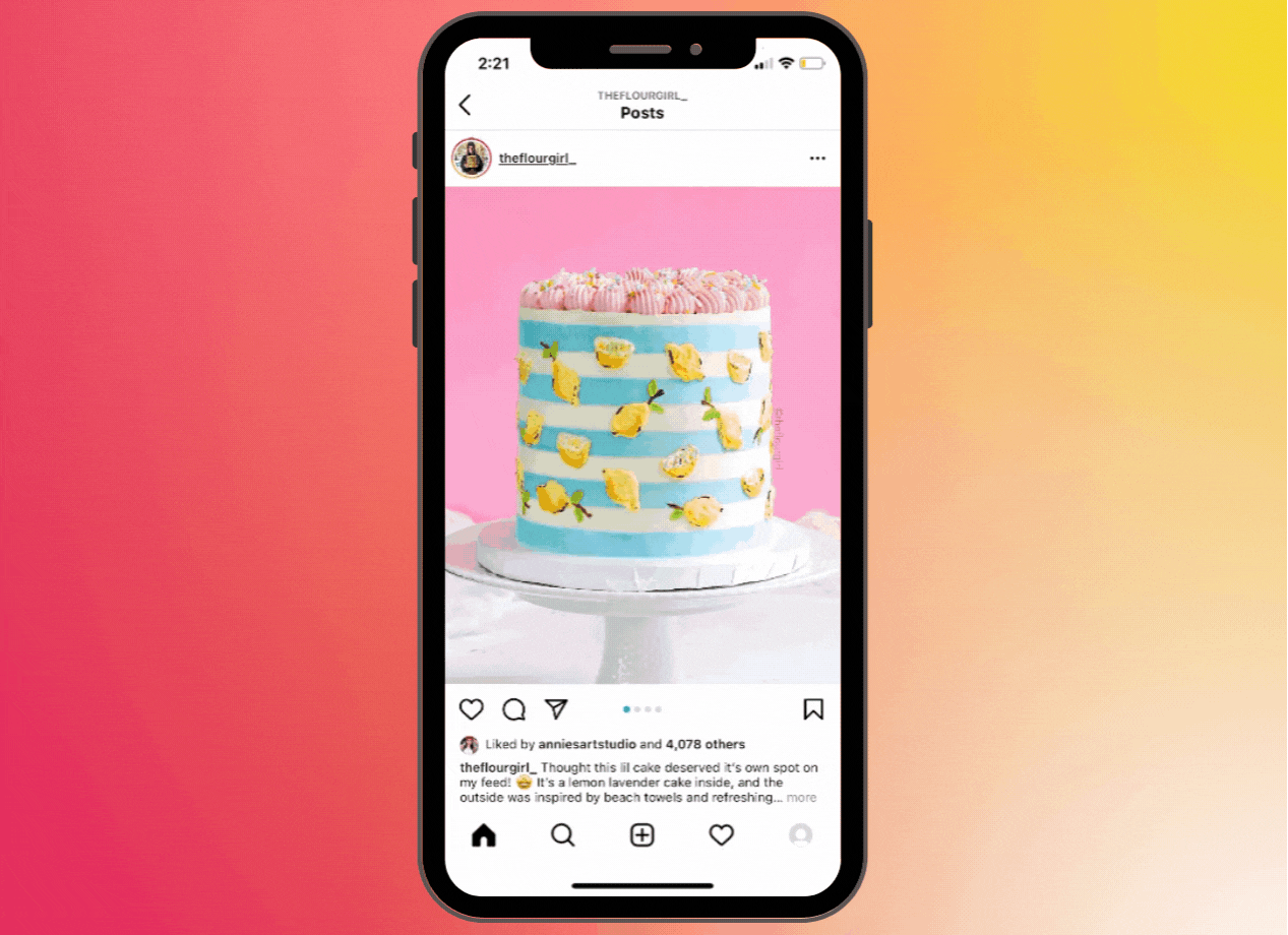 A carousel post from @theflourgirl highlighting a blue and white cake with yellow lemon decals and pink frosting.