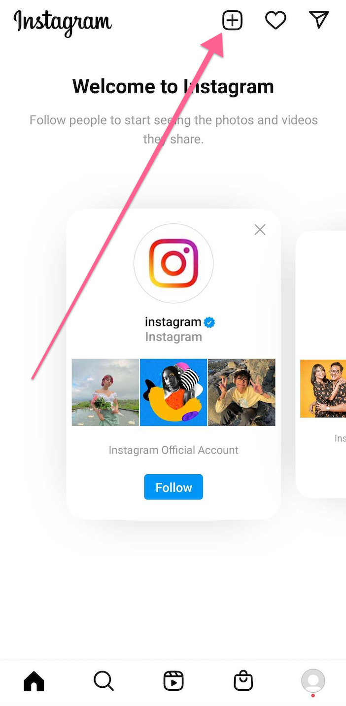 An arrow pointing to the + icon on the Instagram mobile app.