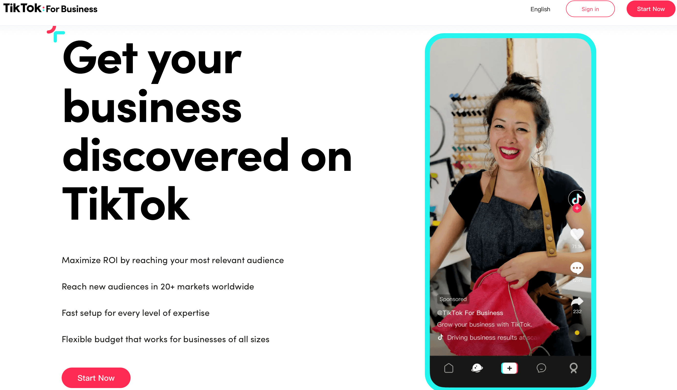 TikTok for business landing page 