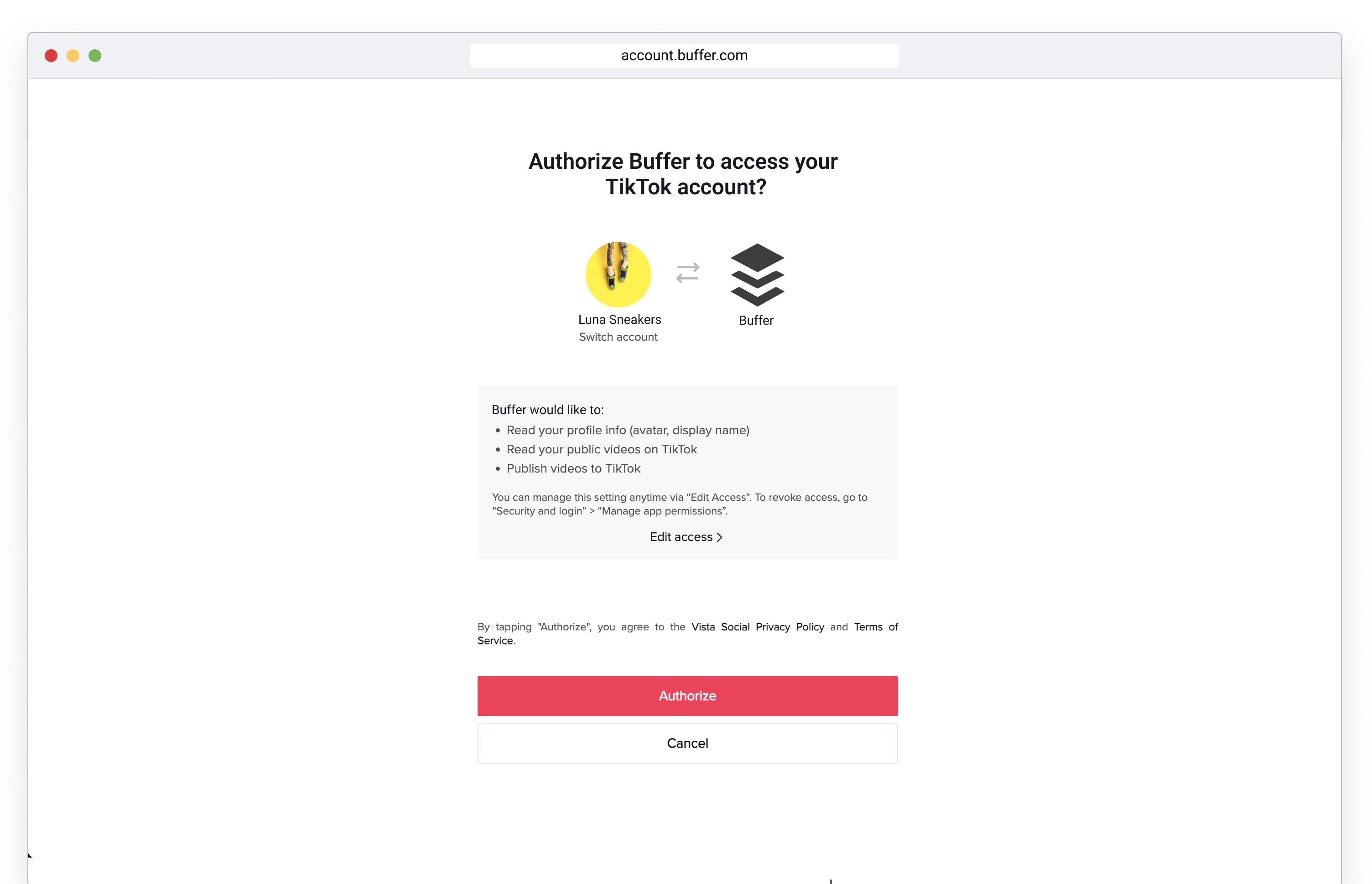 A screenshot of the TikTok authentication screen in Buffer.