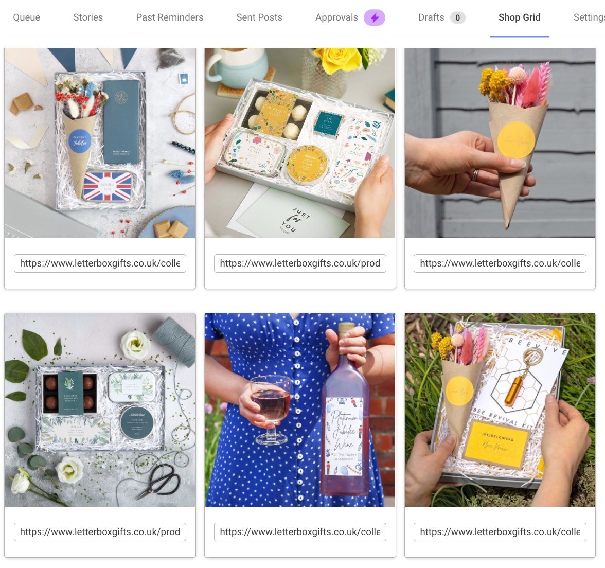 A screenshot of Letterbox Gift's instagram grid preview.