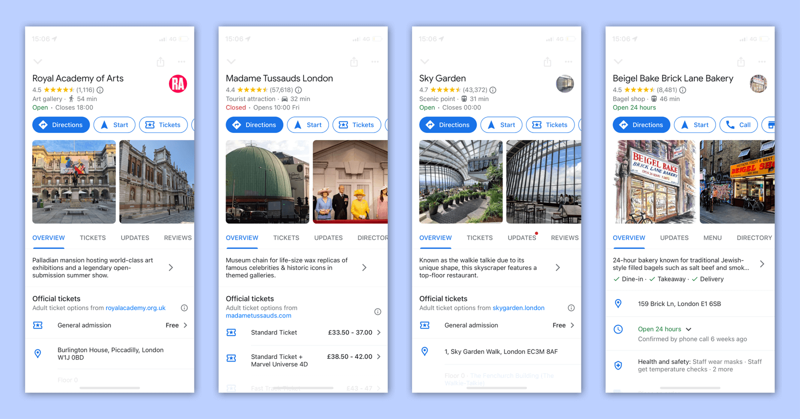 The Google Business Profiles for popular locations in London.
