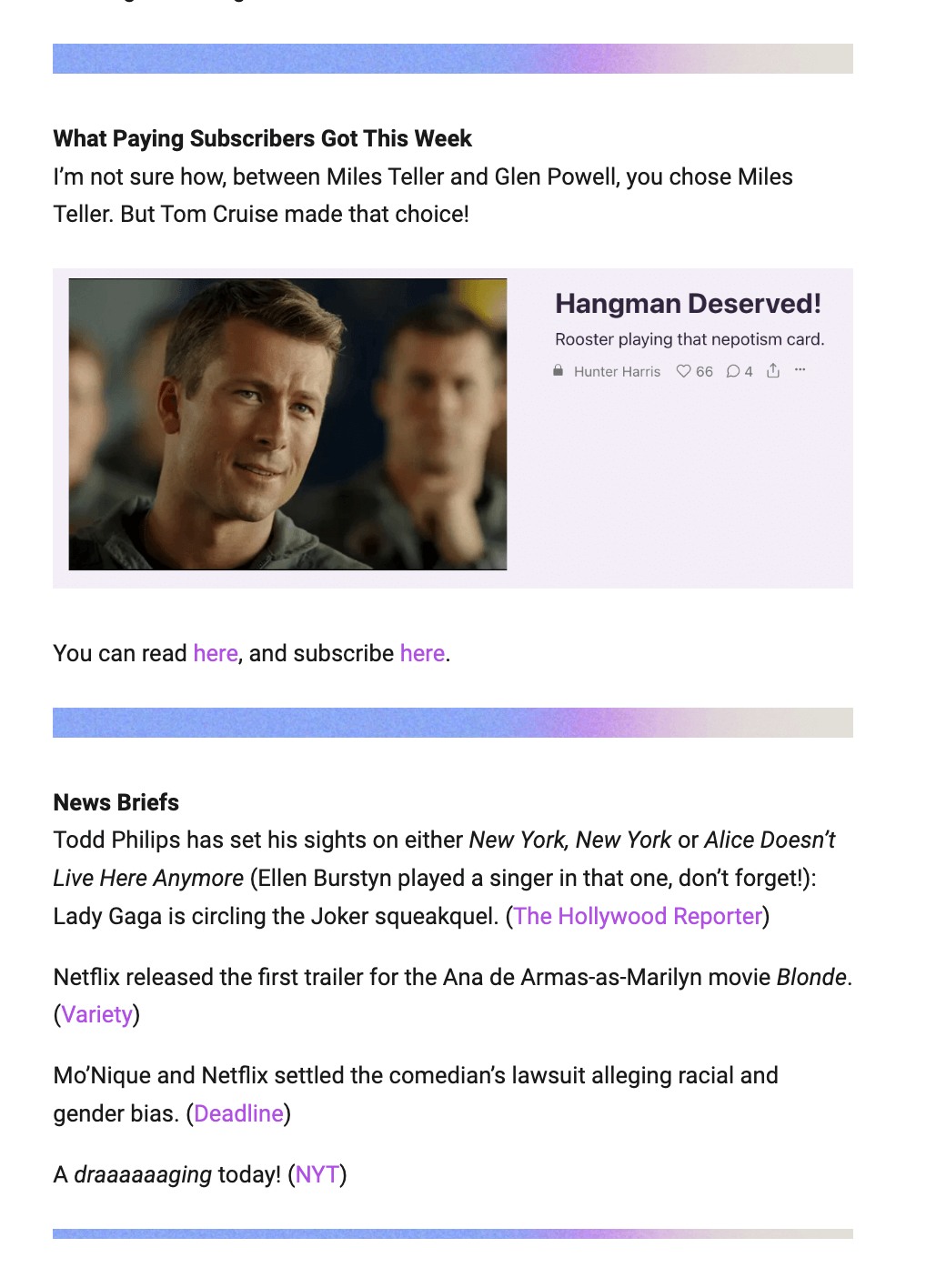 Screenshot from Hunter Harris's newsletter