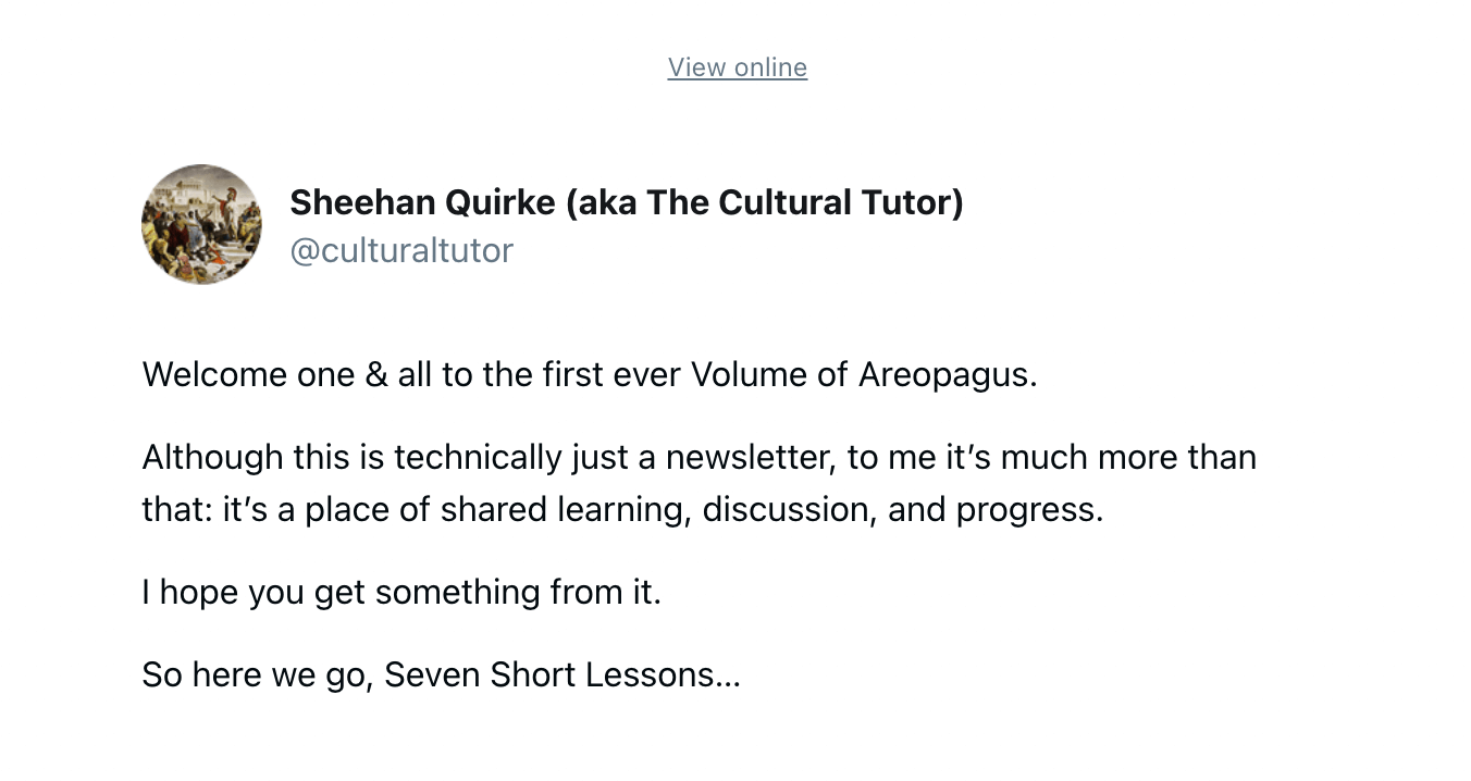 Screenshot of Sheehan's newsletter