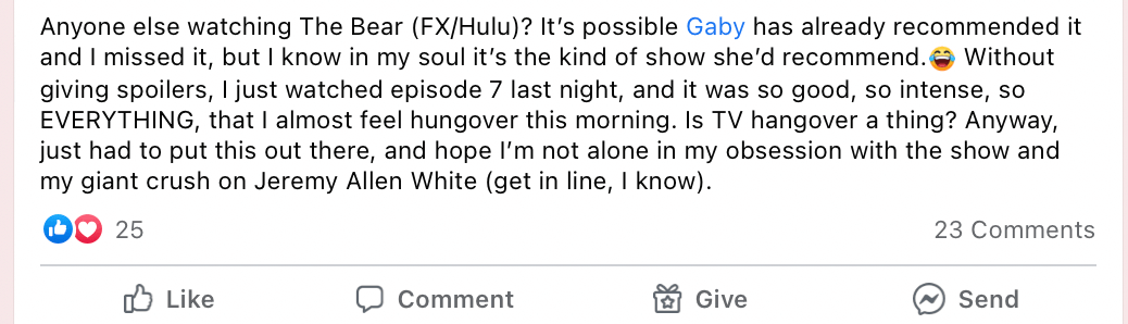 A screenshot of a user praising the TV show "The Bear," in a Facebook group