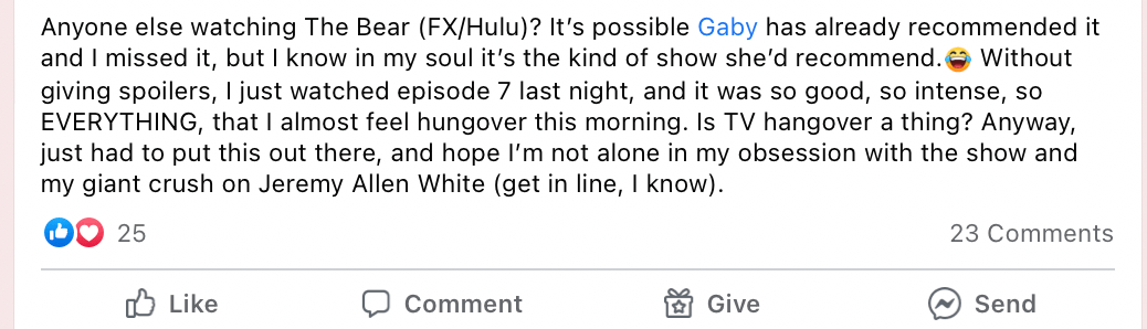 A screenshot of a user praising the TV show 