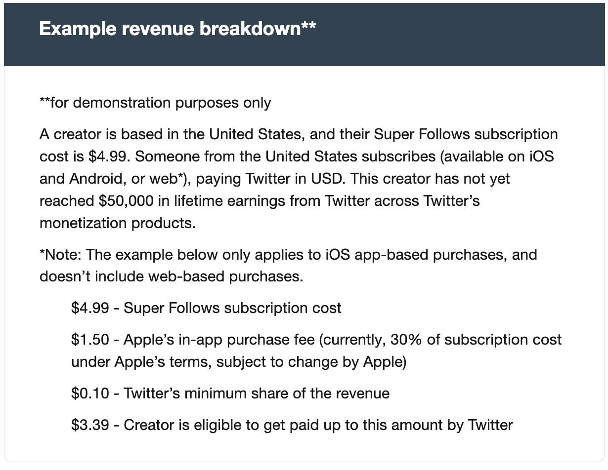 A breakdown of creator revenue for Super Followers